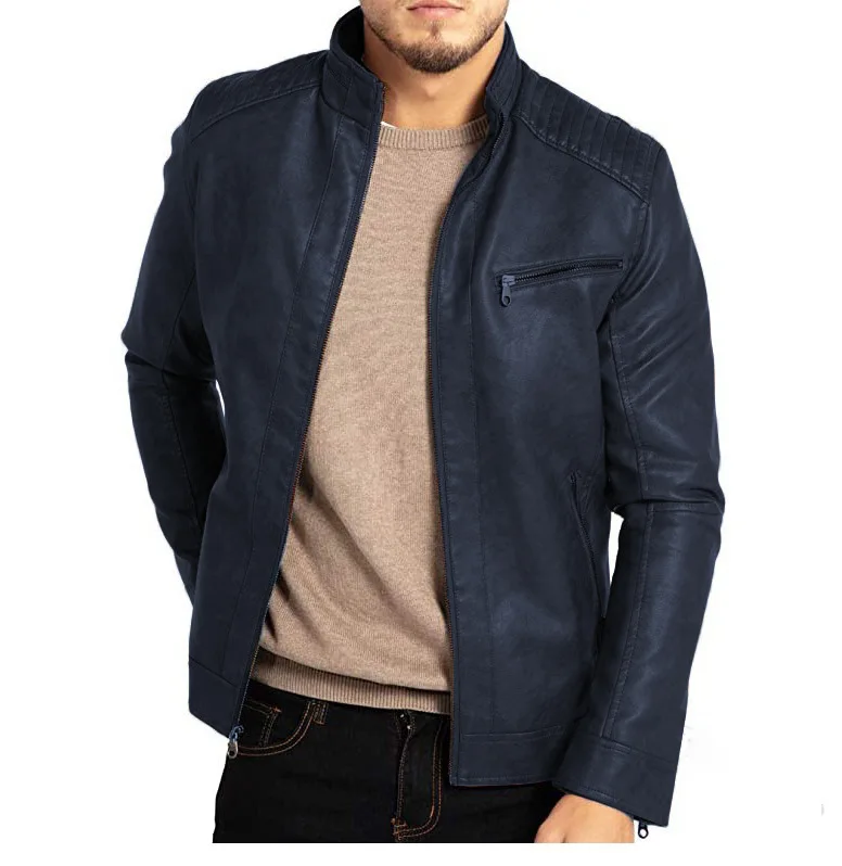 Men's PU Leather Jacket Stand-Up Collar Punk Motorcycle Style Fashion European American Teenagers Male Outerwear 10