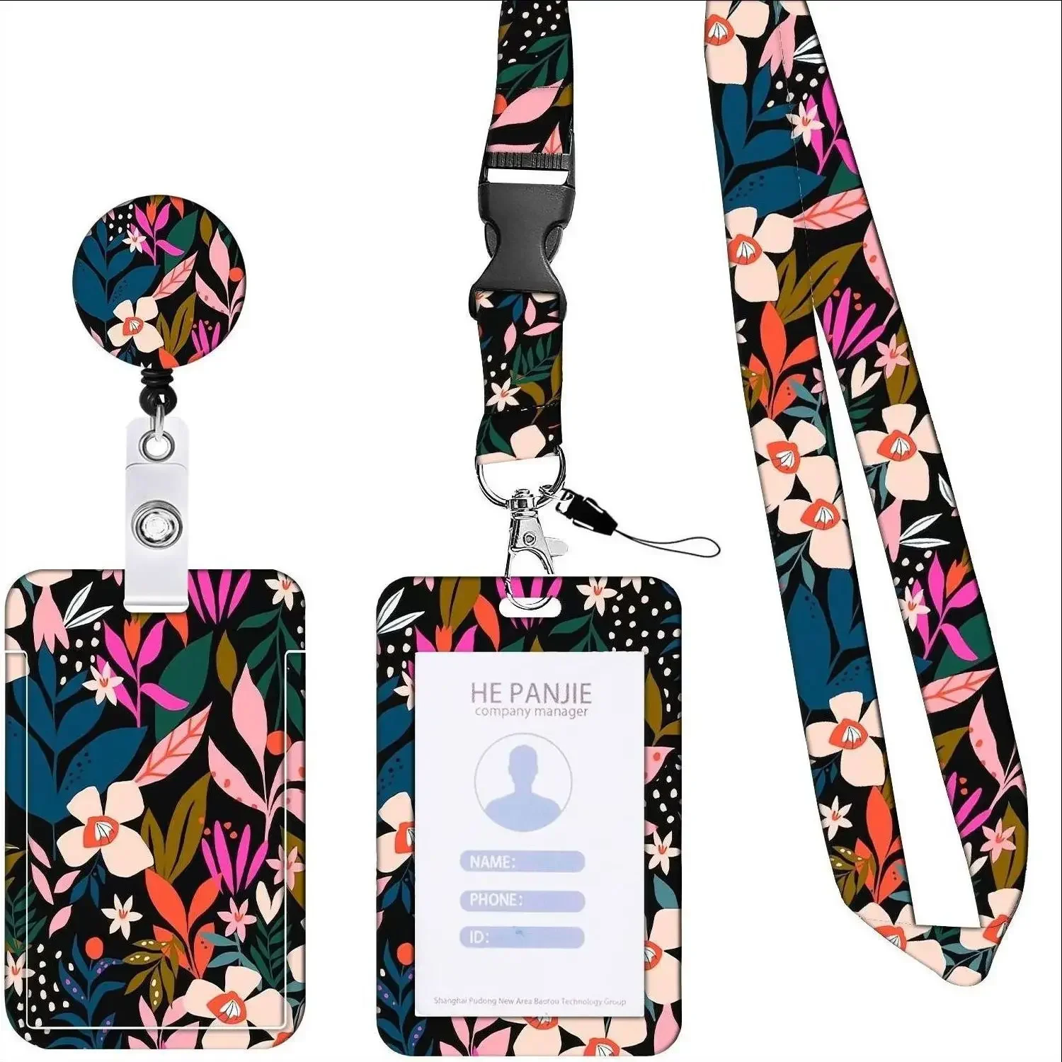 Soporte para tarjetas de trabajo para personal con cordón largo retráctil y carrete de insignia, funda para tarjetas de crédito de identificación de flores para mujer, cuerda para teléfono