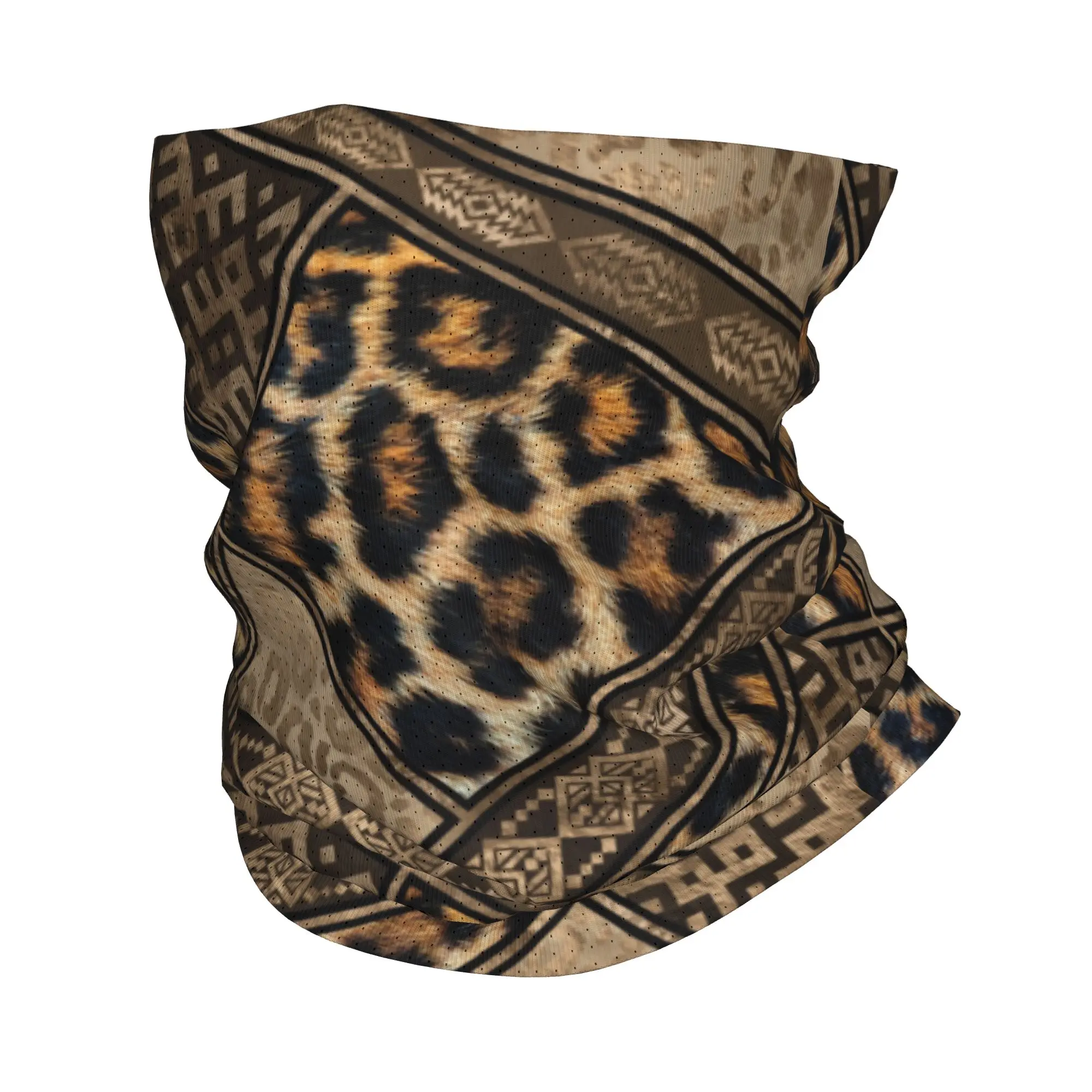 Leopard Fur Ethnic Tribal Geometric Ornaments Bandana Neck Gaiter Face Scarf Cover Animal Leather Texture Tube Balaclava