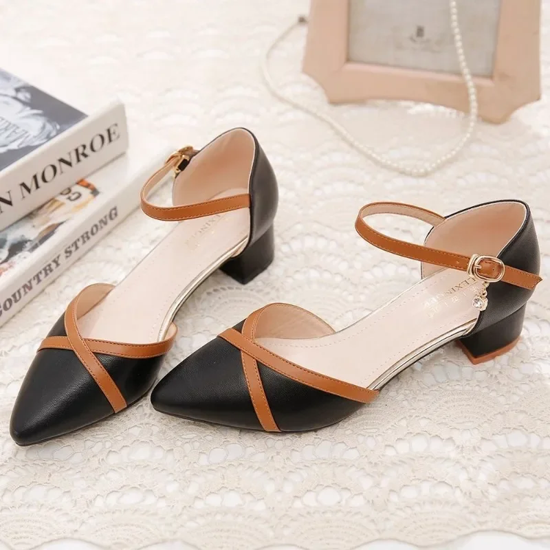 2024 New Spring/Summer Coarse Heels Versatile Pointy Headed Sandals for Women