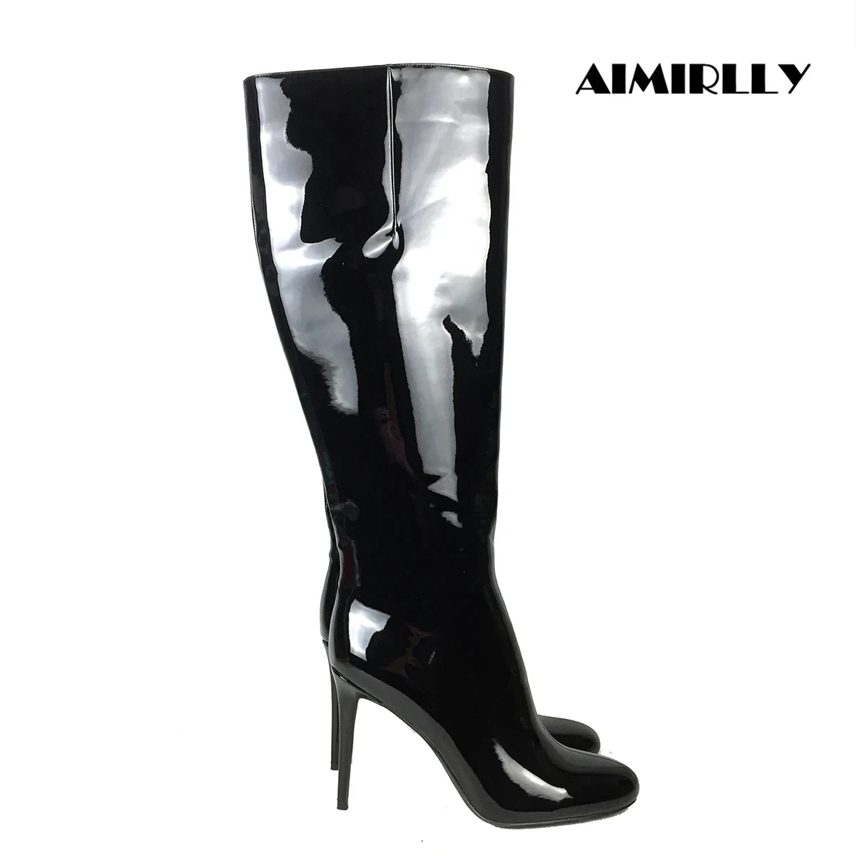 Winter Women\'s Knee High Boots Round Toe High Heels Shoes Customized Zipper Black Hard Patent Leather Ladies Female Footwear