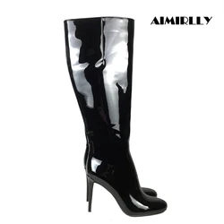 Winter Women's Knee High Boots Round Toe High Heels Shoes Customized Zipper Black Hard Patent Leather Ladies Female Footwear