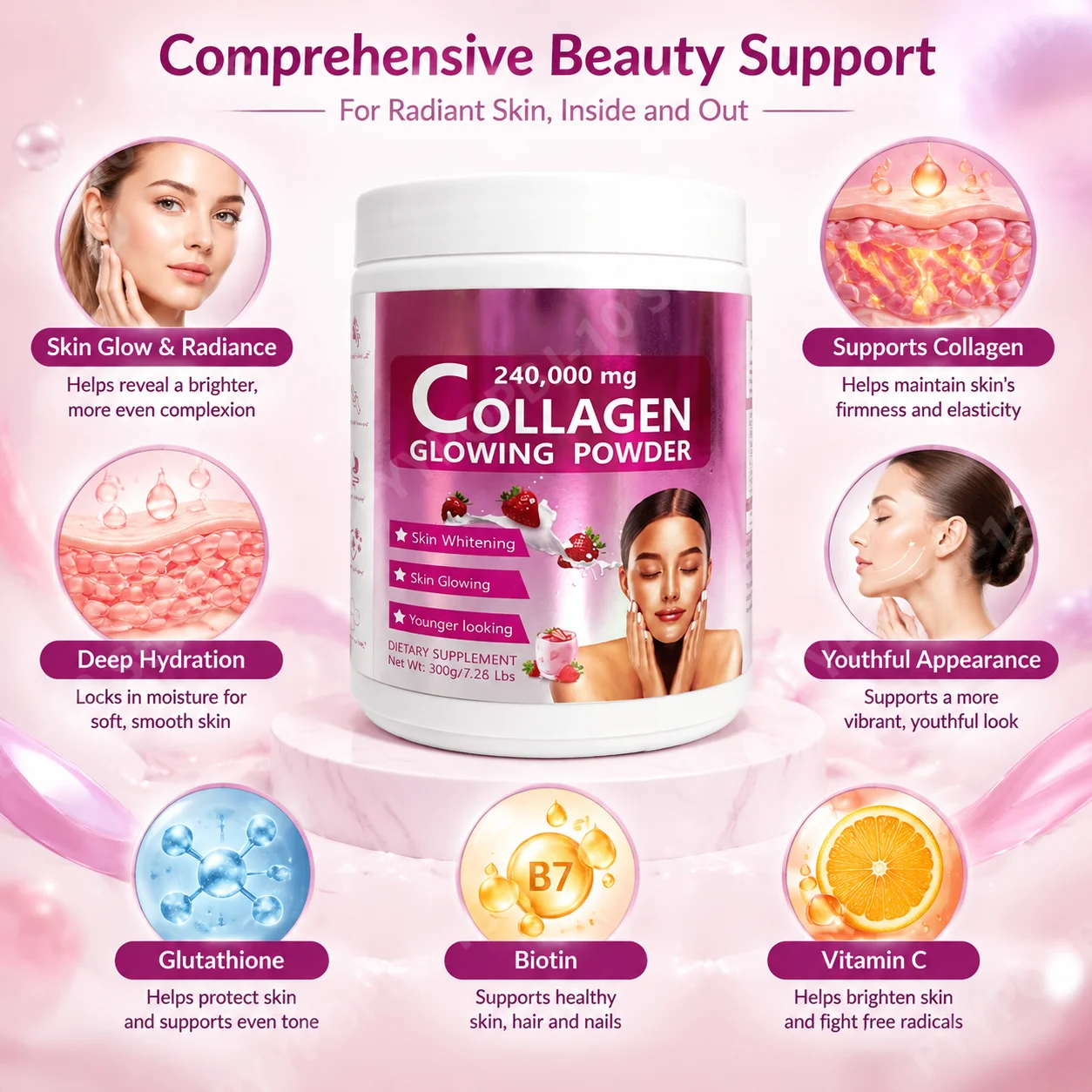 Collagen Powder for Skin Glow & Hydration, Youthful Skin, 240,000mg Marine Collagen, Glutathione, Biotin, Vitamin C, 300g