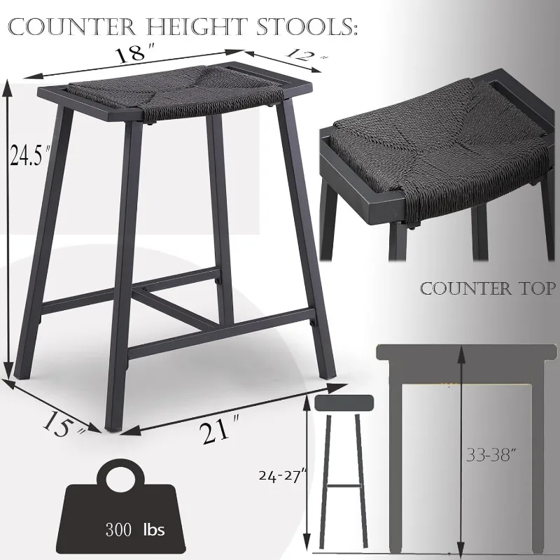 Counter Height Backless Bar Stool for Kitchen Island, Black Rope Wicker Pattern Weave Seat,Saddle Stools with Metal Base