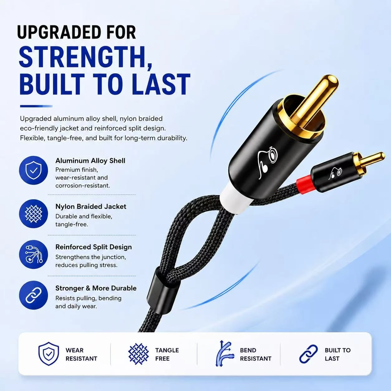 RG 2 RCA zu 2 RCA Audiokabel, Stereo-AV-Kabel (Stecker auf Stecker), vergoldetes HiFi-Kabel für Lautsprecher, Verstärker, Fernseher, DVD-Player – Detail 2