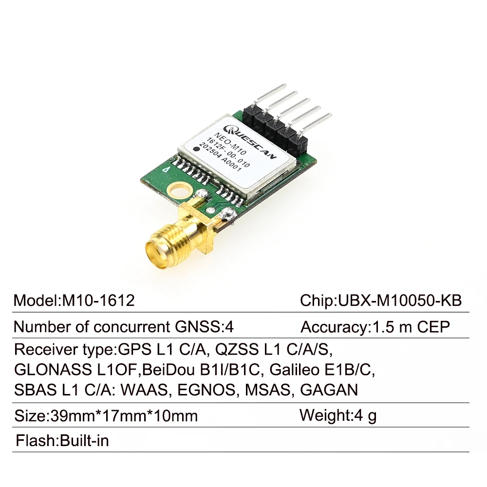 QUESCAN M10050 M10 GPS Galileo BeiDou GLONASS Module Active Antenna GNSS Receiver Arduino ESP32 GPS NMEA UBX Protocol 1-25Hz