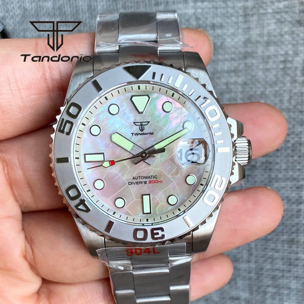 Tandorio 40mm Stainless Steel NH35A Dress 200m Automatic Men\'s Diving Watch White MOP Dial Date Sapphire Rotating Bezel Luminous