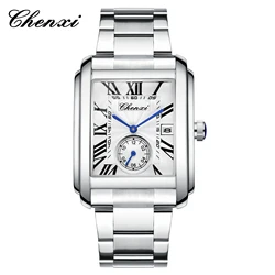 CHENXI 8216 Square Men Quartz Watches Fashion Business Simple Silvery Stainless Steel Strap Analog Display Wrist Watches