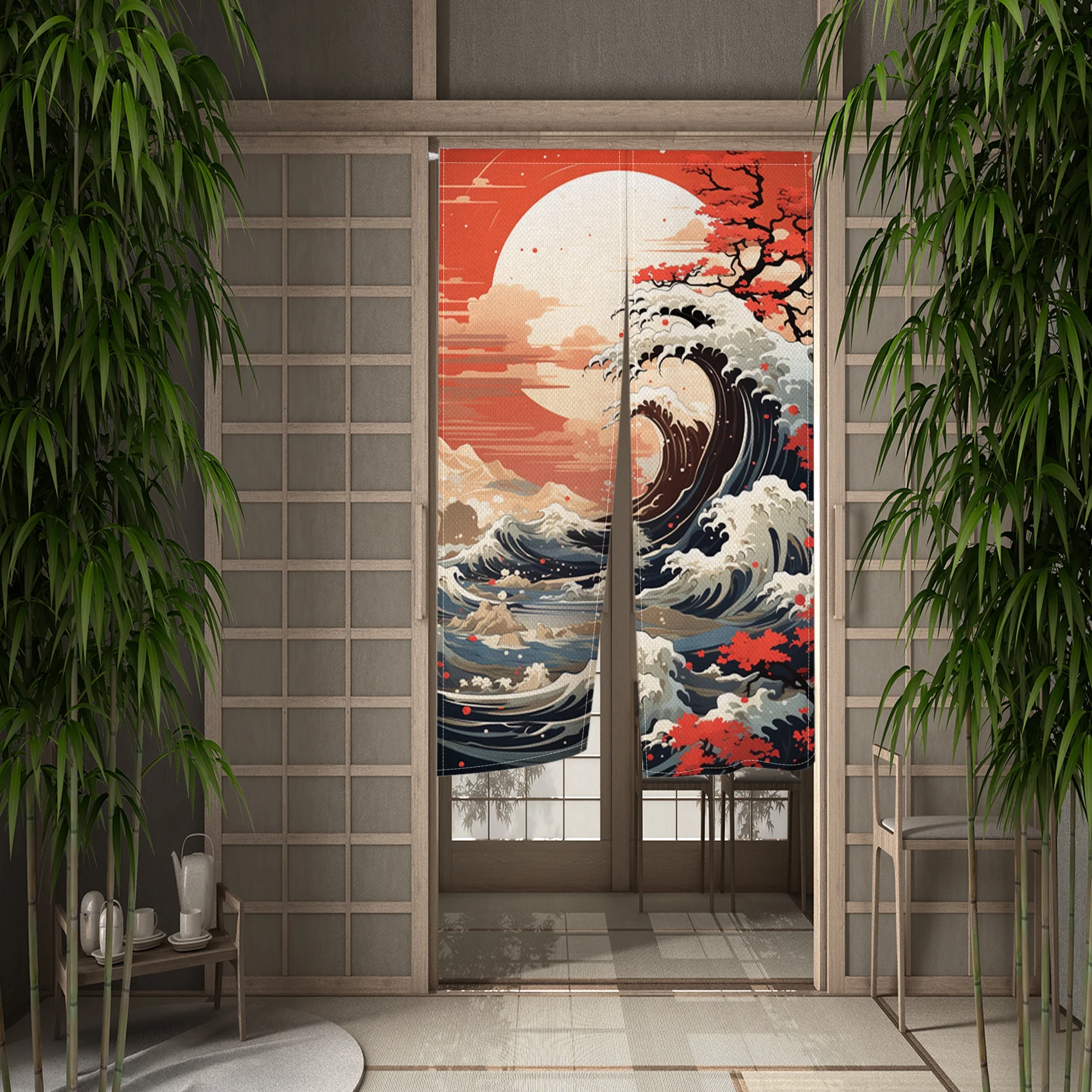 

Japanese Wave Cherry Blossom Door Curtain Noren Double Sided Printed Pattern Kitchen Living Room Partition Entrance Half Curtain