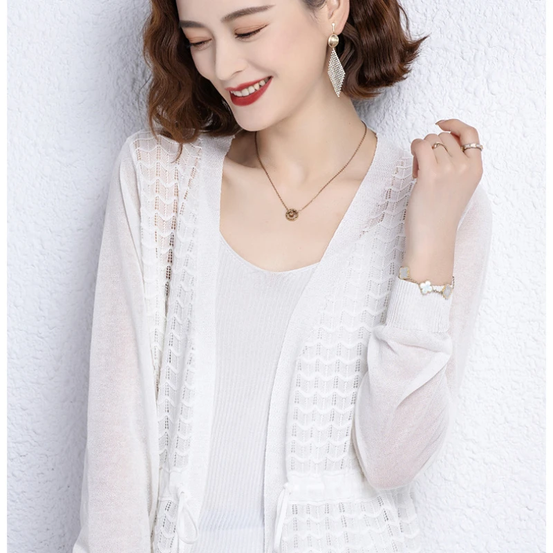 Ice silk cardigan Women\'s Mid-length spring and summer New hollow drawstring sweater thin type sunscreen outer wear