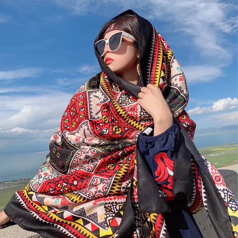 コットンリネン軽量スカーフプリント日焼け防止カバーアップショールボヘミアンビーチシーサイド特大ラップ女性夏 ​