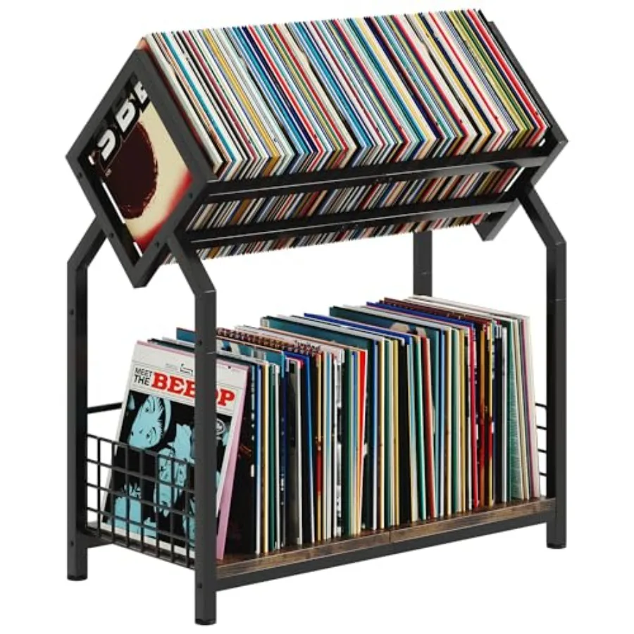 

2-Tier Vinyl Record Storage Holder with Dividers, 24.4''W Vinyl Record Display, 300 LPs Vinyl Record Storage Rack, Suitable for