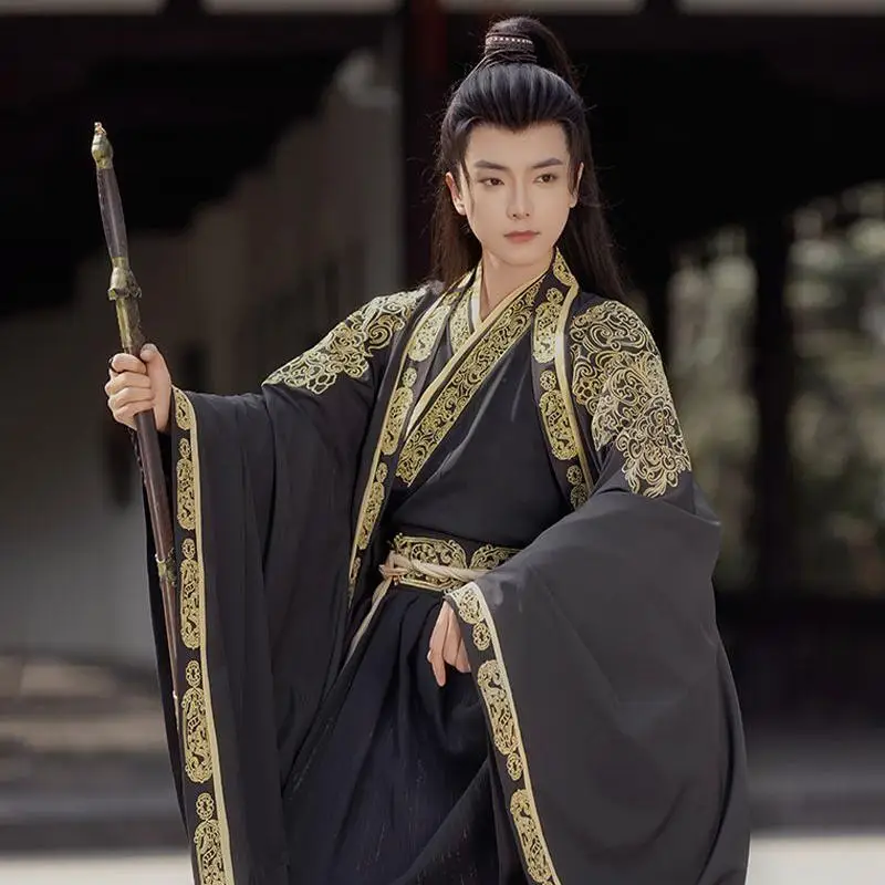 남자 웨이 진 Hanfu 세트 전통 Chiense 고대 크로스 칼라 자수 탑 스커트 빈티지 로얄 나이트 코스프레 의류