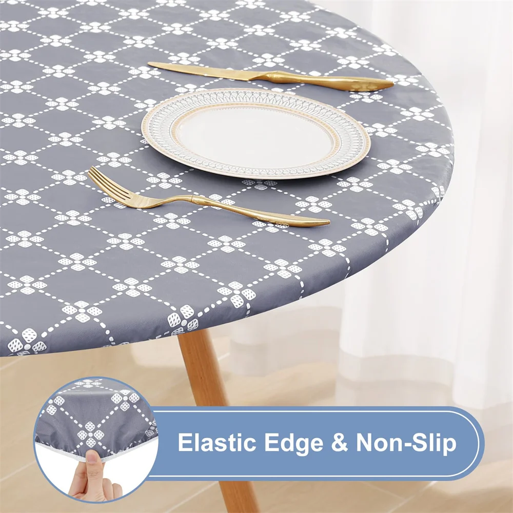 Kitinjoy Round Table Cloth Elastic Fitted Flannel Back Tablecloth 100% Waterproof Plastic Table Cover For Picnic Camping Outdoor