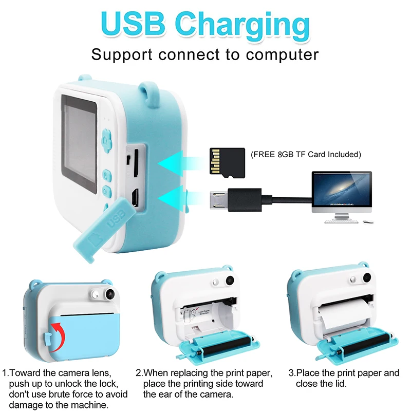 كاميرا الطباعة الفورية للأطفال كاميرا الطباعة الحرارية كاميرا الصور الرقمية لعبة كاميرا الطفل فيديو هدية عيد ميلاد الصبي