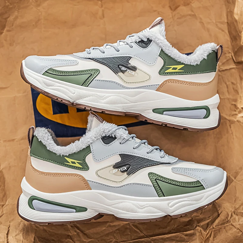 

Уличная повседневная модная мужская обувь, новинка зимы 2025 года, повседневная спортивная обувь с кашемировой теплой толстой подошвой, водонепроницаемая хлопковая обувь