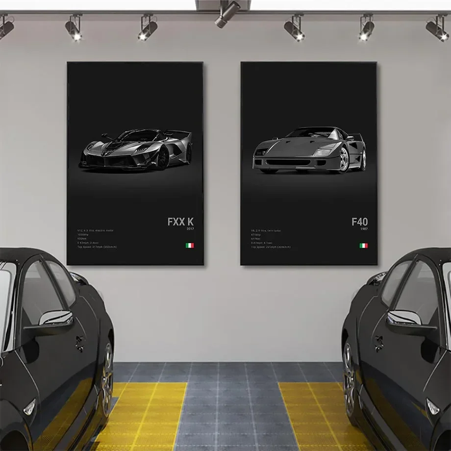 البوب أبيض وأسود إيطاليا سيارات فاخرة سوبر الرياضة سيارة المشارك الجمالية F40 GTO GTB قماش طباعة ل جدار الفن المرآب غرفة ديكور