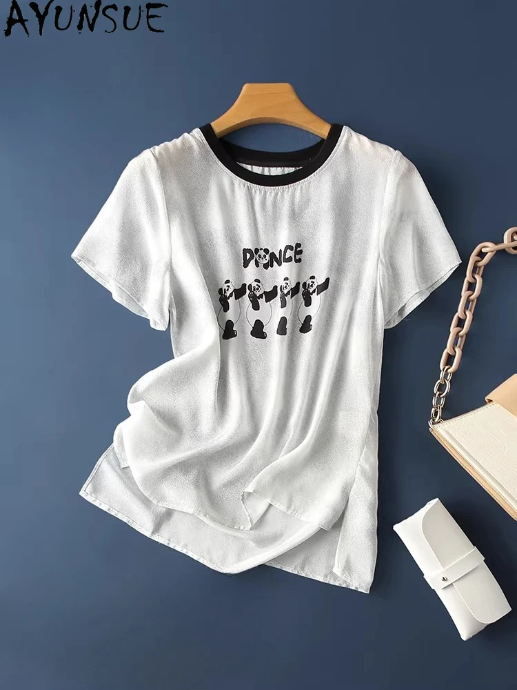 

AYUNSUE 100% натуральная шелковая футболка из тутового шелкопряда, женская одежда, элегантные футболки, летние женские топы, модные топы с круглым вырезом, новый стиль, женский топ