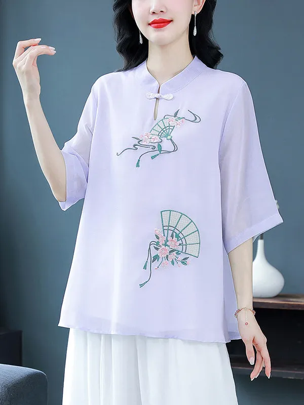 Retro Improved Hanfu Embroidered Tea Ceremony Shirt Stand Collar Women's Style Summer 2026 Casual Other Material 100% H-Shape