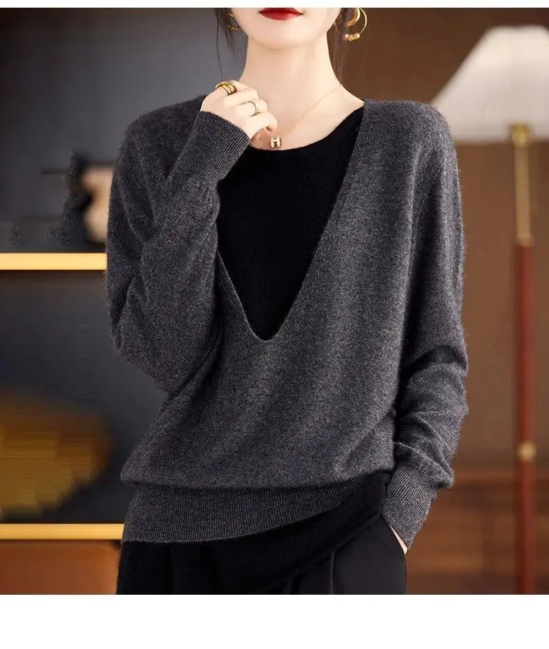 四季カラーマッチング多用途プルオーバー V ネック長袖フェイクツーピーススリムフィットスキニーニットセーター女性
