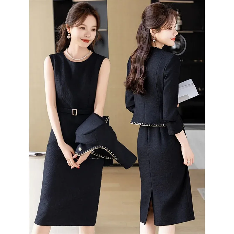 Primavera outono moda feminina roupa moda jaqueta curta + vestido de alça conjunto de duas peças elegante sem mangas suspensórios vestidos ternos