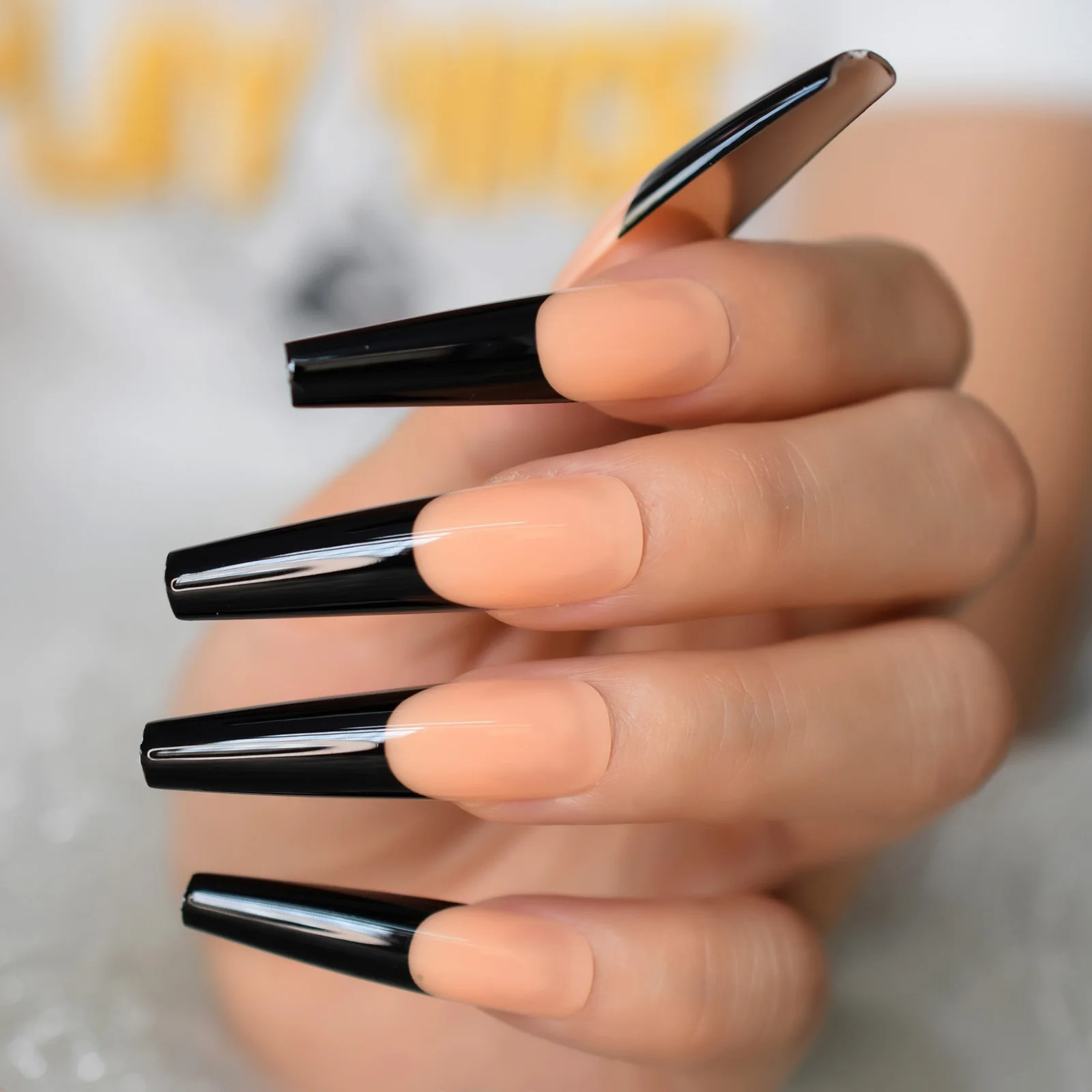 Glossy Black French Press on False Nails Super Long Coffin Ballerina Shape Gel Orange Nude Fingersnails Ballet Clip for Lady