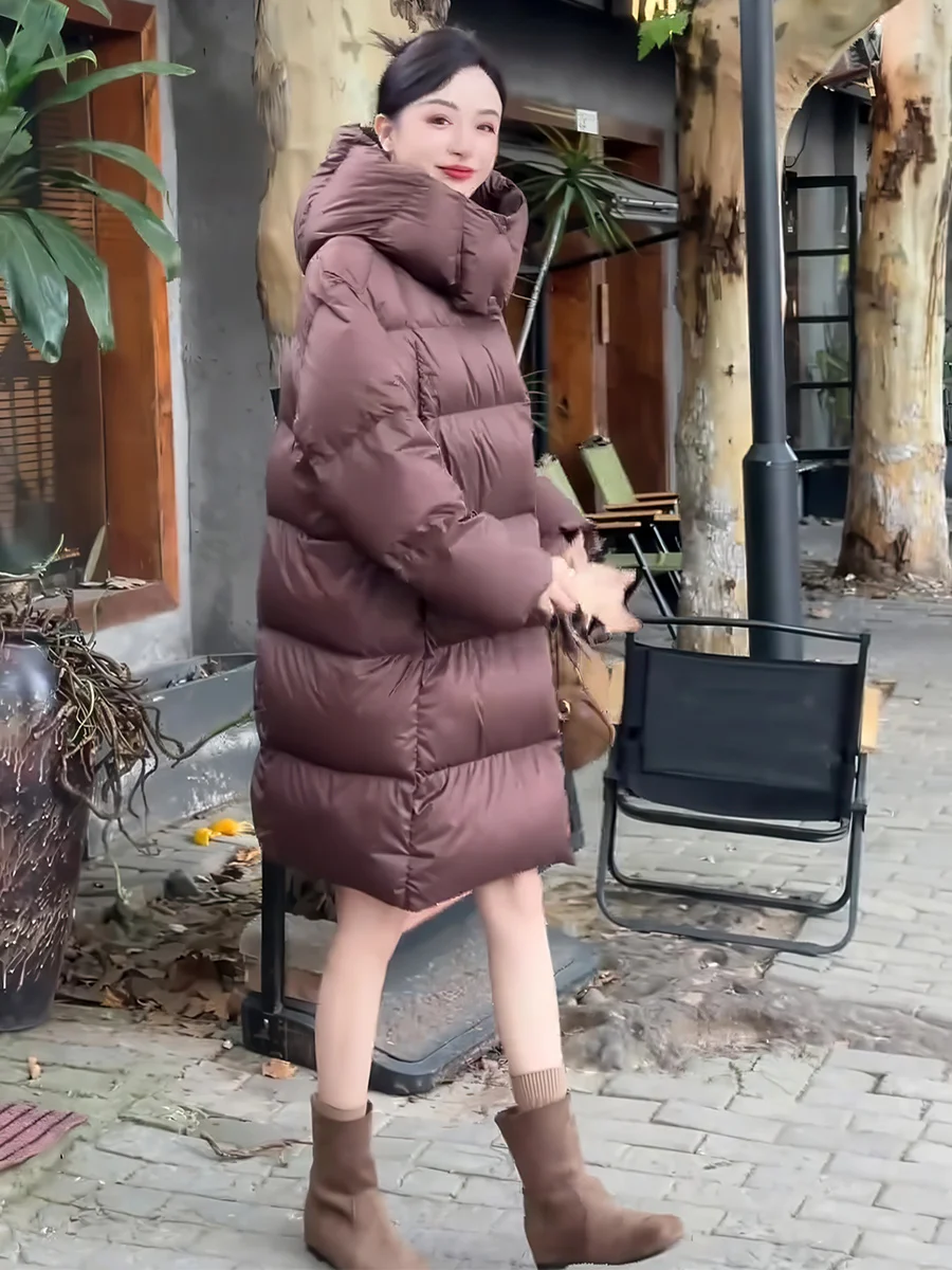 

Caramel Hooded Mid-Length Women's down Jaet Thi Warm Bread Sle Versatile Outerwear Casual Loose Fit White Du down