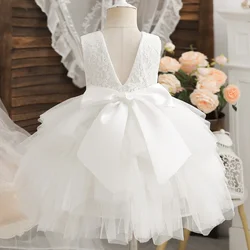 2-6 Years New Baby Girl Dress for Backless Lace Layer Kids Birthday Princess Dress White Elegant Wedding Party Tutu Gown