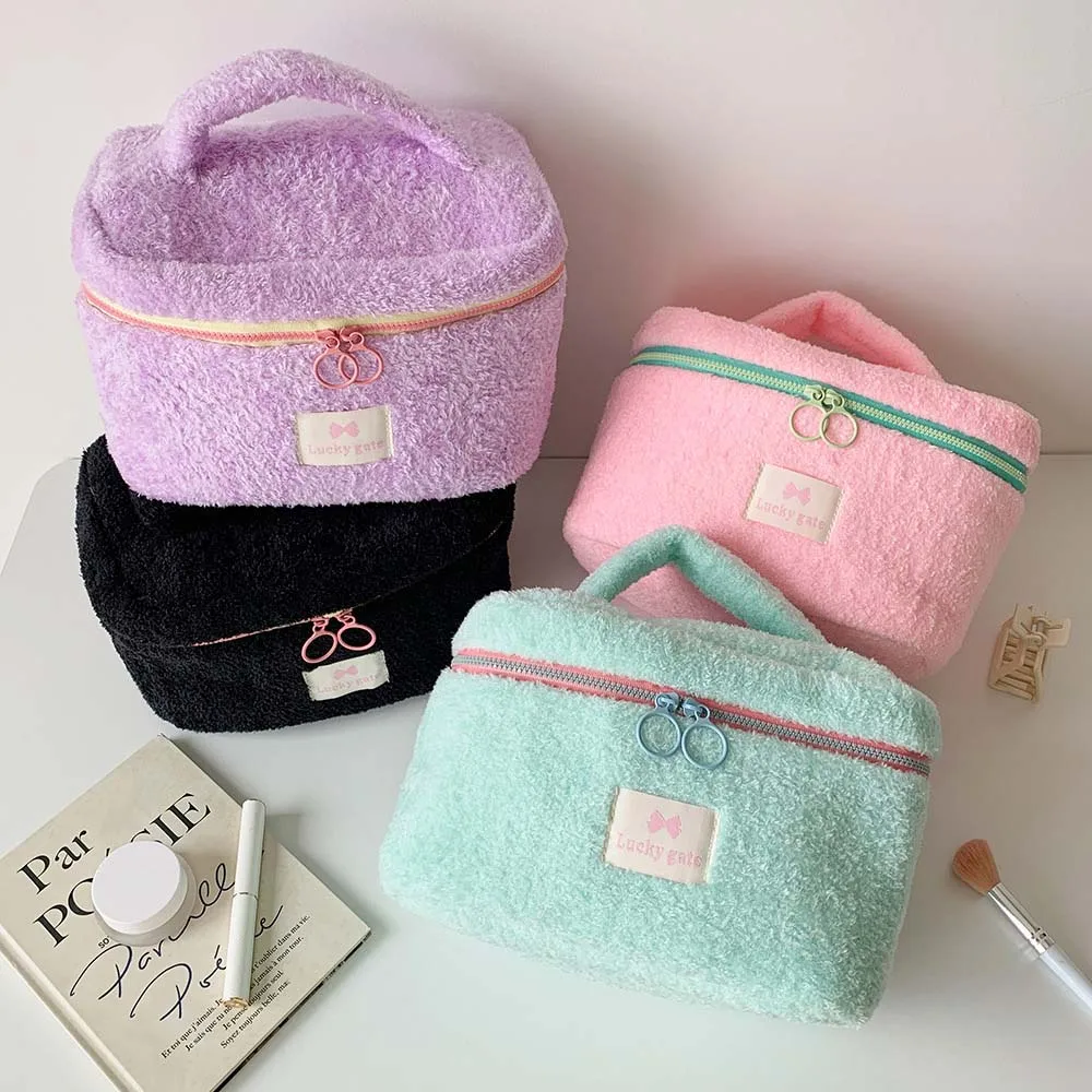 Candy Color Zipper Plush Storage Cosmetic Bags Cute Simple Portable Large Capacity Handbag Makeup Pouch Travel Organizer