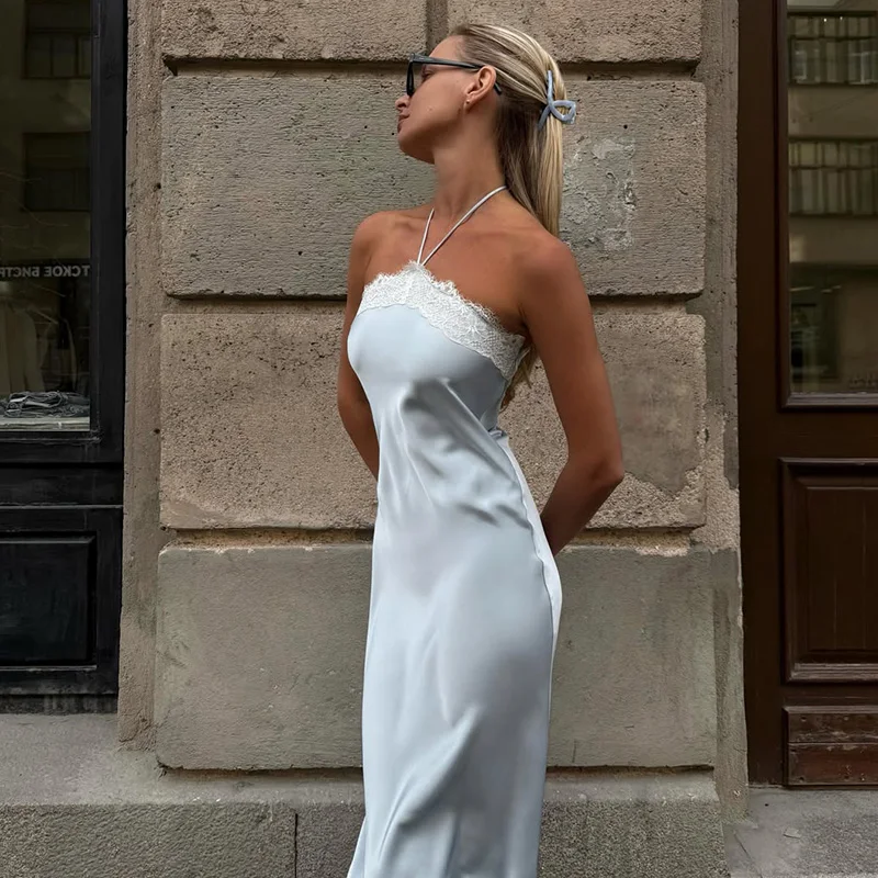 Slim Bodycon Summer Sleeveless Soft Casual Chic Bright Midi Dresses Designed For Women Street French Lace Patchwork Neck-Mounted
