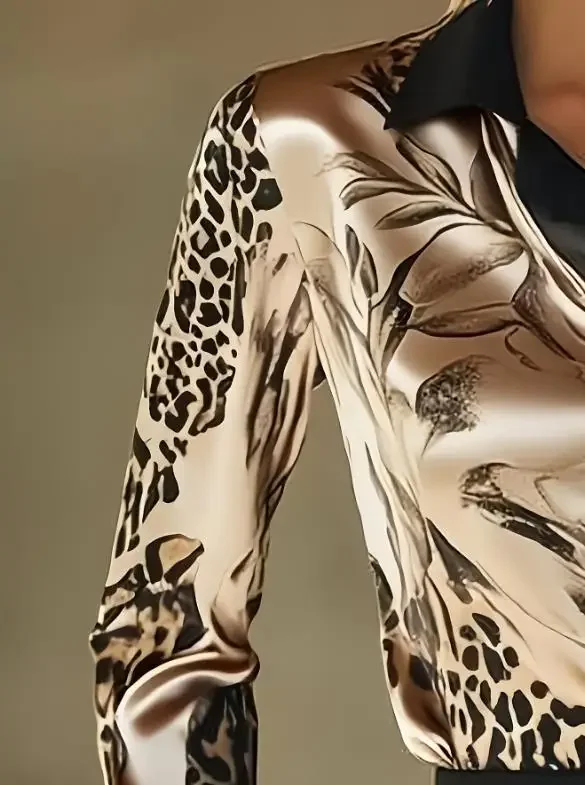 

Autumn New Elegant Satin Printed Long Sleeve Shirt for Women Temperament Commuting Spring Female Fashion Casual Blouses Top