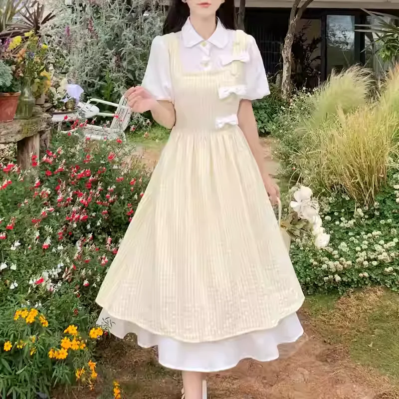 Tamanho grande suave menina verão emenda faculdade vestidos xadrez japonês falso de duas peças reduzindo a idade doce lolita moda vestido