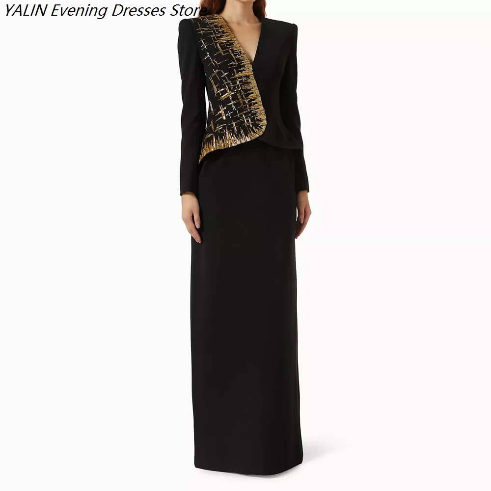 

Women's Straight Evening Dresses Floor-length V-neck Full Sleeve Prom Dresses Simple Fashion Sequined Casual Customized Gowns