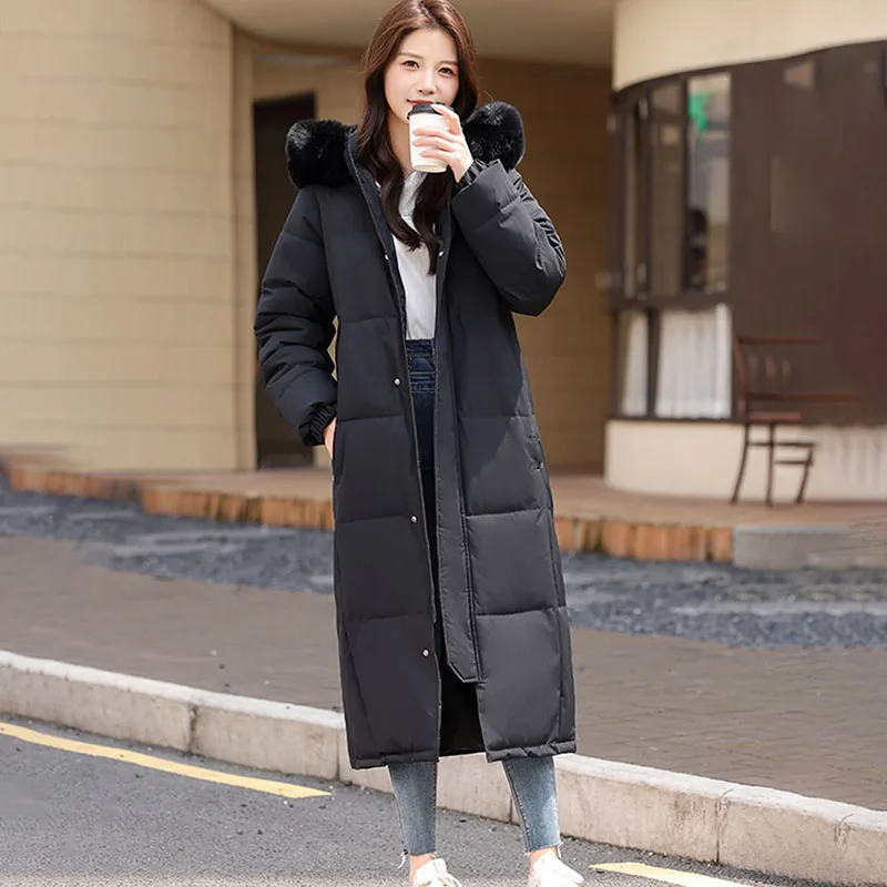 Manteau coréen Long en coton pour femmes, vêtements chauds d'hiver en coton, col en fourrure à capuche, pardessus Parker, vestes matelassées, nouvelle collection