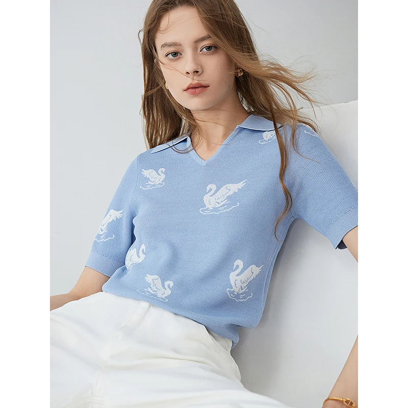 TOYOUTH-Camisa feminina de malha, jacquard cisne, gola polo em forma de V, top de manga curta, verão, novo, 2024