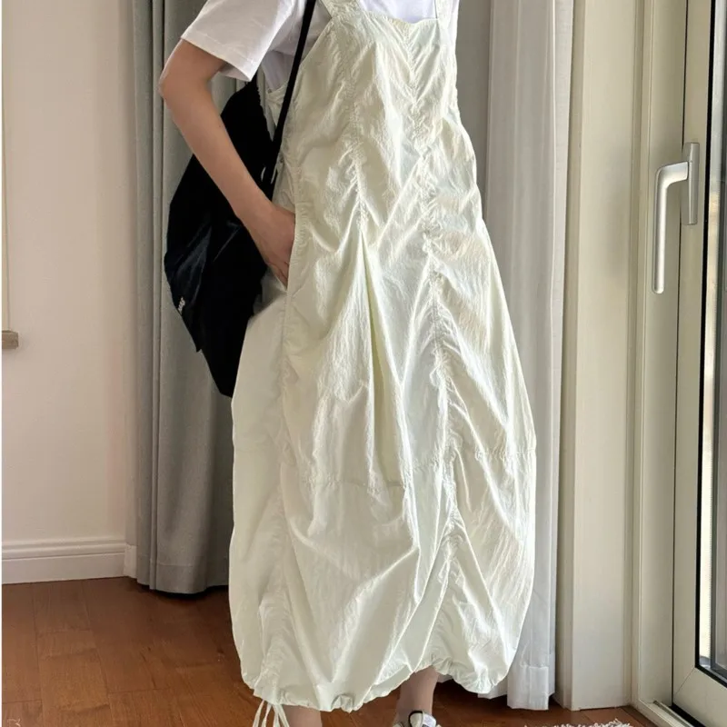 

2024 Summer New Japanese Casual Drawstring Design Pleated Strap Skirt Fabric Comfortable And Breathable Daily With Casual Dress