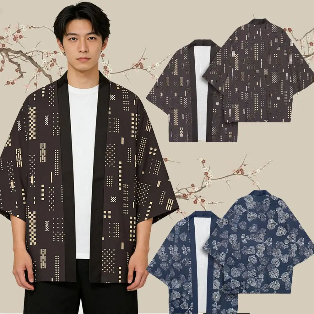 

Japanese Geometric Pattern Kimono Cardigan Unisex Loose-fitting Open-front Short-sleeved Yukata Jacket Retro Fashion Casual Wear