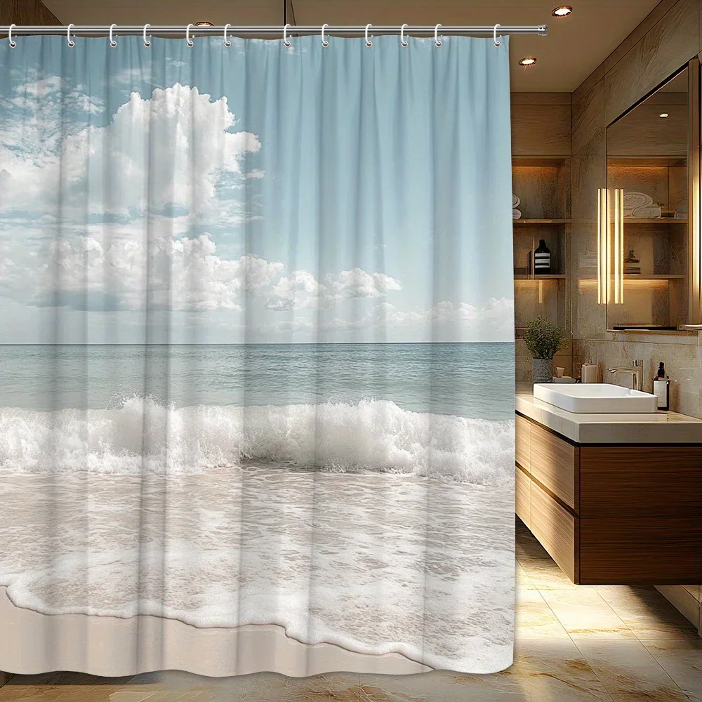 Rideau de douche Serene Beach Scene - Vagues tranquilles et ciel bleu, polyester, tissé, lavable en machine, décor côtier paisible