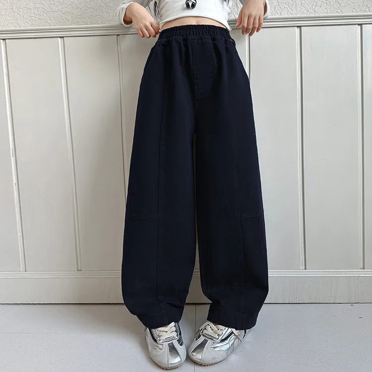 

2025 School Girls Cargo Pant Autumn Teenager Girls Solid Full Length Pant Children Girls Elastic Waist Loose Casual Trousers