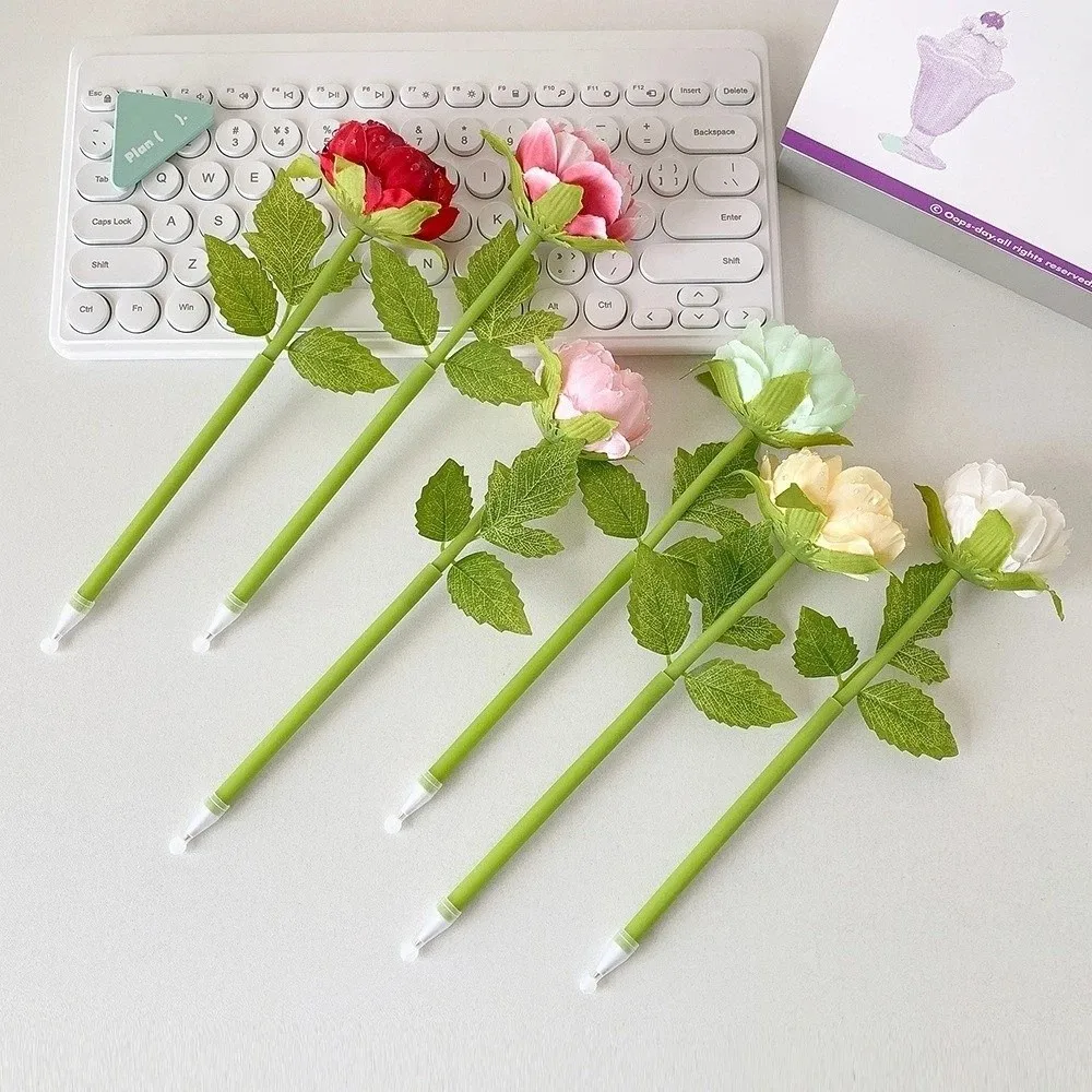 Fake Rose Artificial Flowers Ballpoint Pen Simulation Peony Writing Smoothly Neutral Gel Pens DIY Vase Decor Desktop Ornament