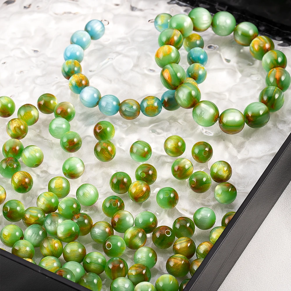 

10pcs Acrylic Resin 8/10/12mm Teal Round Bead Oil-Painting Style Bead For DIY Bracelet Necklace Jewelry Accessories Materials