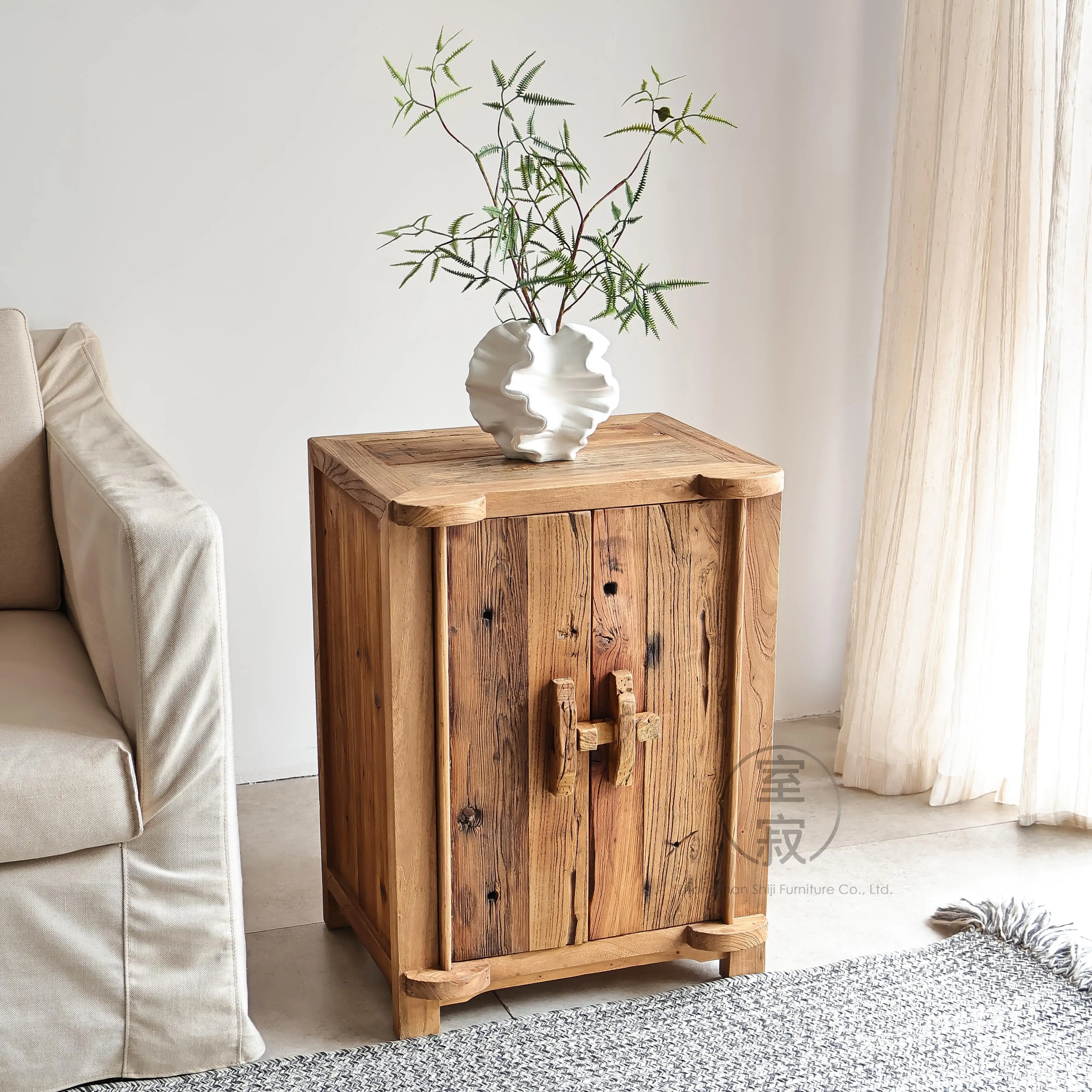 

#d% SHIJI Chaji Double Door Chinese Style Mortise Tenon Structure Solid Wood Nightstand Wabi-Sabi Design Vintage Bedroom Apartme