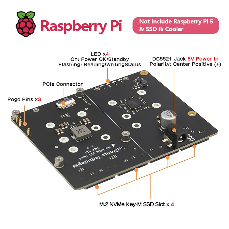 Imagem -03 - Pcie para Nvme Shield Suporta Quatro 2280 2260 2242 2230 M.2 Nvme Ssd Raspberry pi Geekworm-x1011