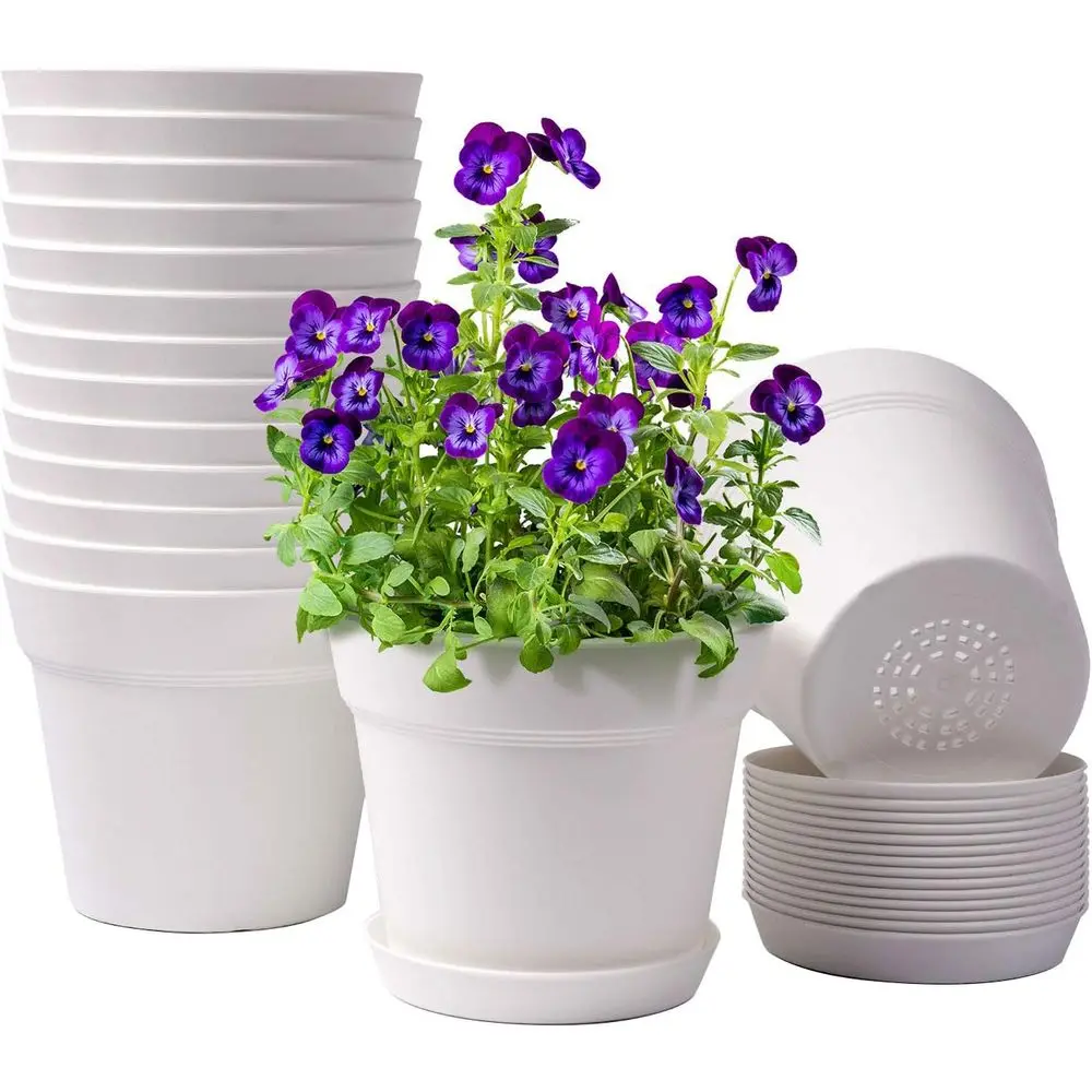 6 Inch Plastic Planters, 15 Pack with Drainage Holes and Trays for Home Garden Succulents (White)