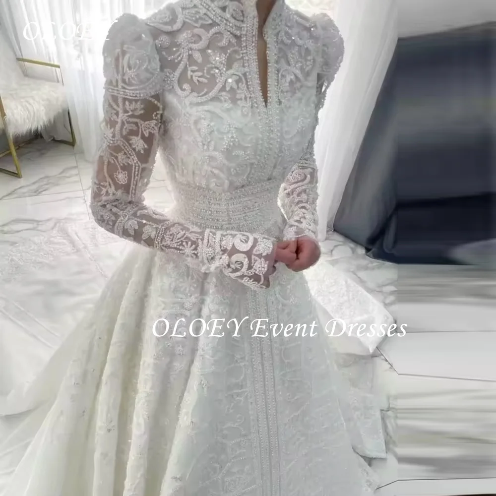 

OLOEY Luxury Beading A Line Wedding Dresses Full Puff Sleeves Floor Length Bridal Gowns Customized Zipper Buttons Back Arabic