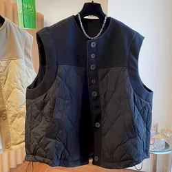 Workwear Waistcoats for Women Solid Cotton Patchwork Vests O-neck Casual Sleeveless Cardigans Vintage Jackets Loose Women Tops