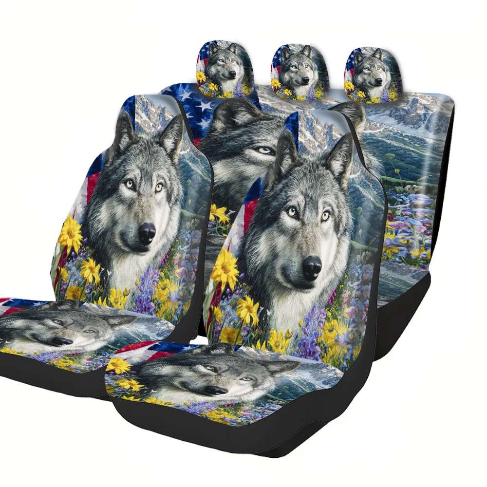 2-5 Seat Set Car Seat Covers, Artistic Wolf Floral Pattern, Comfort For Truck SUV Off-road Car, Holiday Magic Edition Halloween