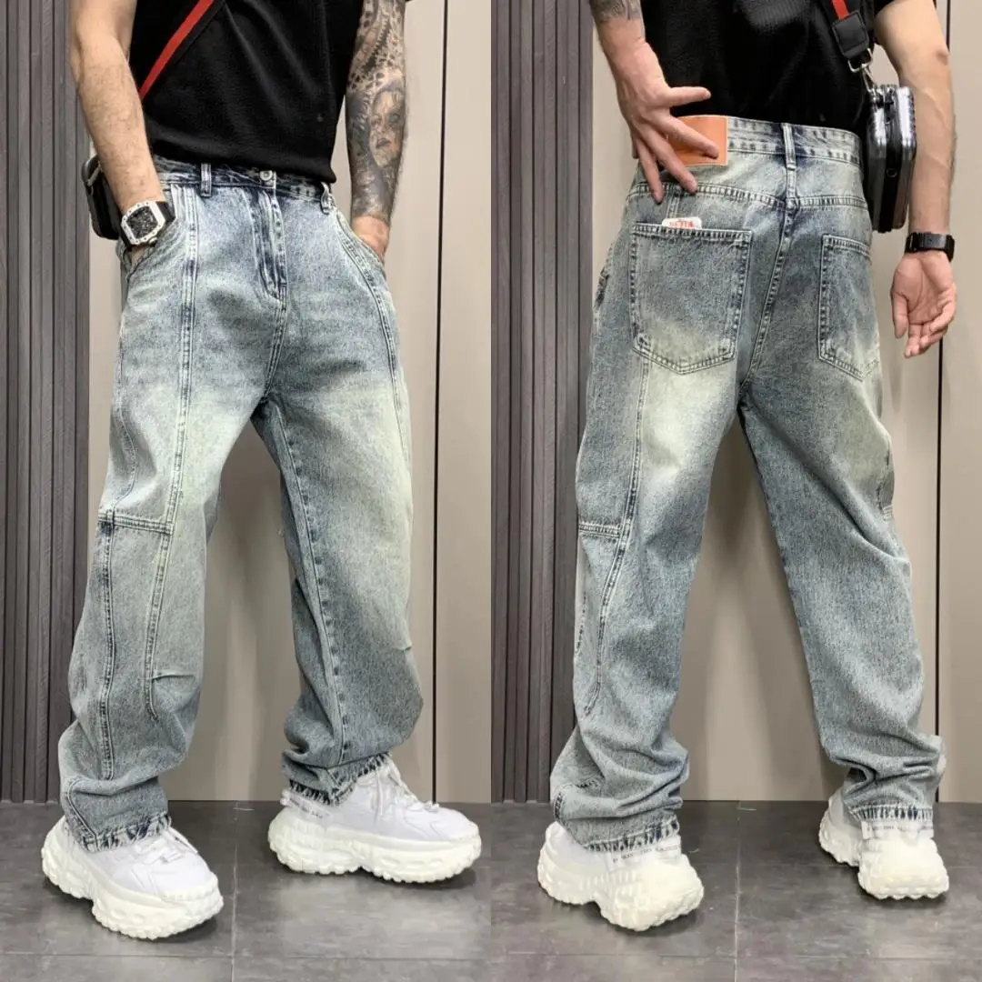 

High Street 2026 Retro Washed Old Polished White Jeans Trendy Loose Straight Ruffian Handsome Wide Leg Scimitar Designer Pants
