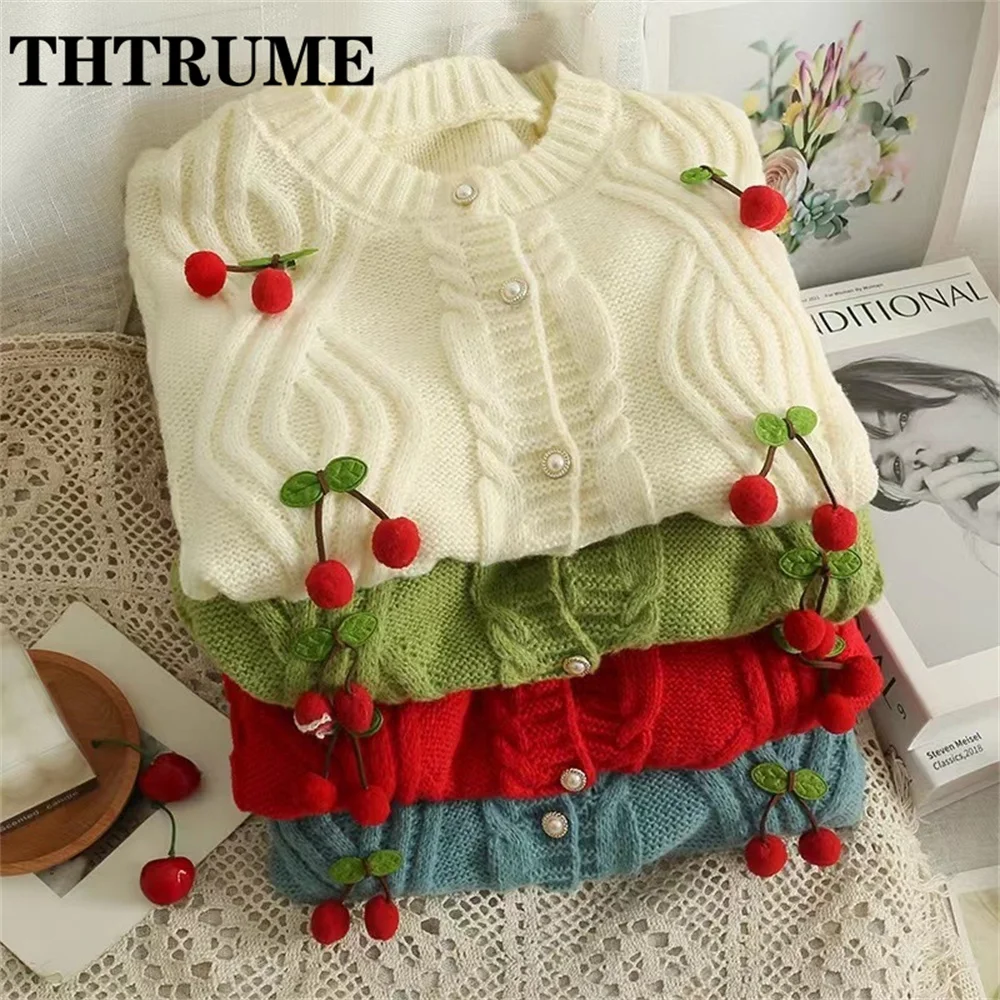 Sweet Women Cherry Knit Sweaters Fashion Women Autumn Long Sleeve Round Neck Jumpers Tops Casual Single Breasted Korean Cardigan