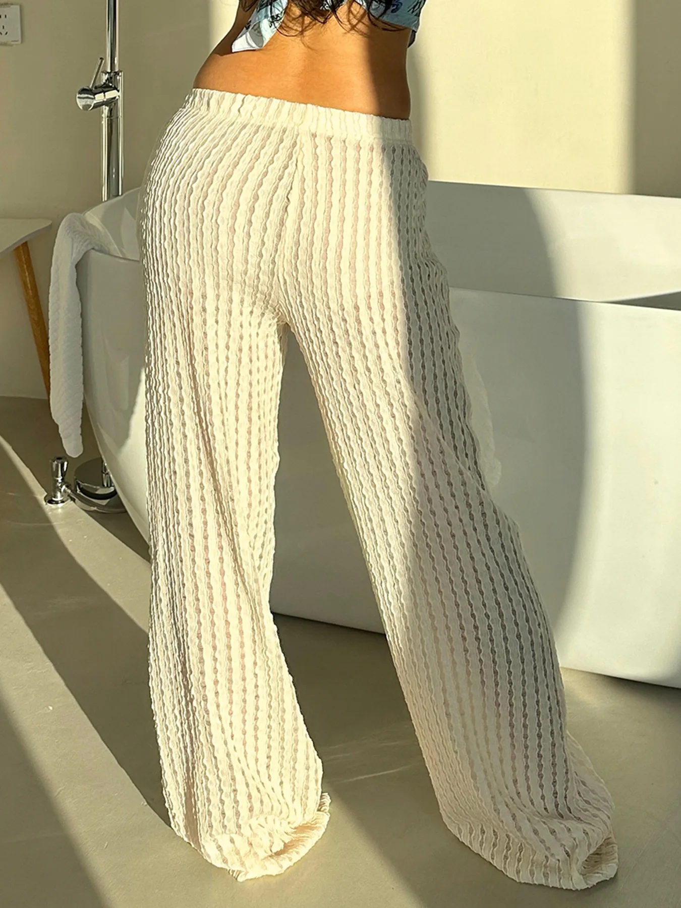 Beach casual knitting white pants women,summer new arrival loose lazy long trousers 2025 woman